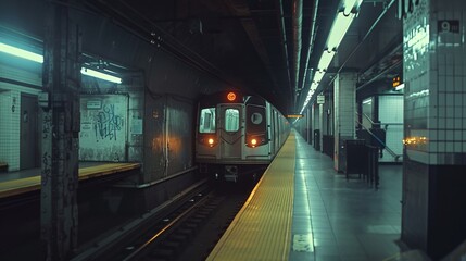 a subway train pulling into a train station