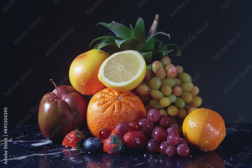 Poster fresh fruits arranged neatly on a table