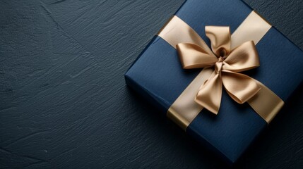 A blue box with gold ribbon on top of a dark background