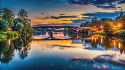 Fototapeta premium Serene evening reflection on river bridge , calm, peaceful, sunset, water, bridge, reflection, tranquil, nature, evening
