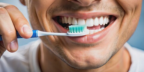 Close up of person brushing their teeth with toothbrush and toothpaste , dental hygiene