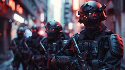 Obraz premium Group of soldiers standing on a city street