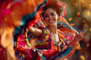 National Hispanic Heritage Month. Spanish culture celebration.  A dancers in traditional attire performs a folkloric dance.