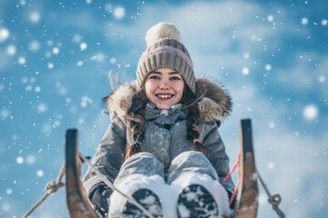 Fototapeta premium Winter is a perfect time for outdoor snow activities such as sledding, creating joyful moments with family amidst snowy scenery. Make memories and enjoy the season with loved ones