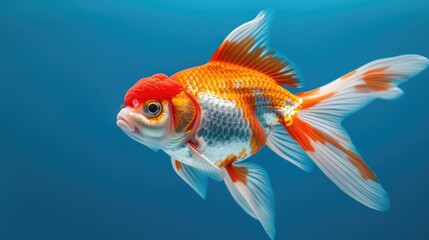 A Striking Goldfish Swimming in a Blue Aquarium