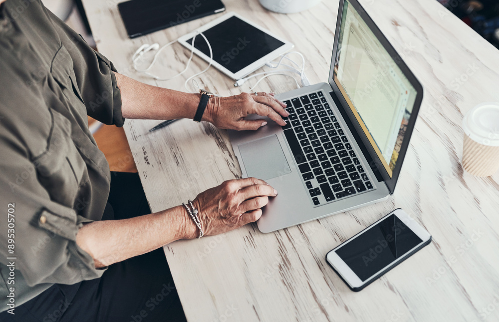 Poster laptop screen, hands and business person at desk for typing proposal, report or review project in of