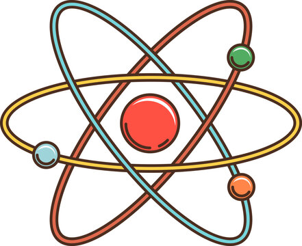 Groovy retro cartoon planetary atom model, vector 70s art sticker. Groovy atom with planets system of nuclear model in funky retro cartoon for badge or hippie and hipster t-shirt print