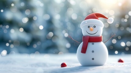 Fototapeta premium A snowman with a red scarf and a red hat is standing in the snow