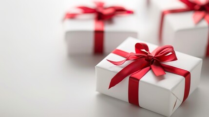 Obraz premium Three white boxes with red bows on them