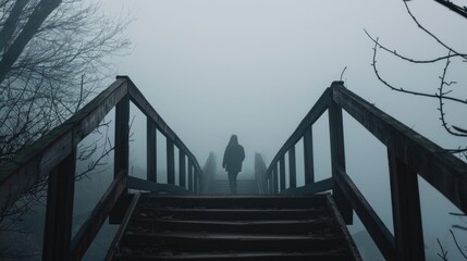 A person stands on a staircase shrouded in mist