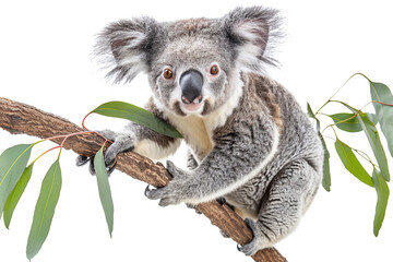 Naklejka premium Koala Climbing: A koala climbing a eucalyptus branch against a white background.