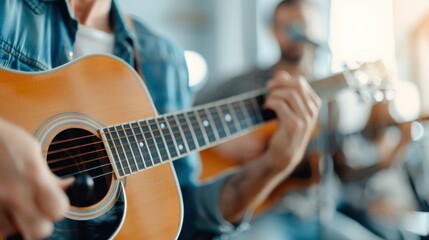 Fototapeta premium A close-up view of a person strumming a guitar, with another person playing an instrument in the background, showcasing a lively and musical atmosphere.