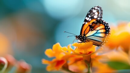 Obraz premium A monarch butterfly pristinely perched on a flower, showcasing its vivid wing patterns and colors in a harmonious and beautifully composed natural setting.