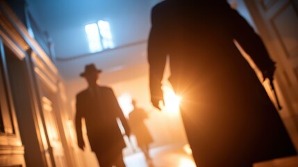Several shadowy figures walk through a lit corridor inside a building, evoking a sense of mystery, suspense, and the unknown, reminiscent of classic noir films.