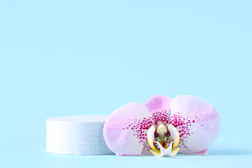 Decorative podium with beautiful orchid flower on blue background