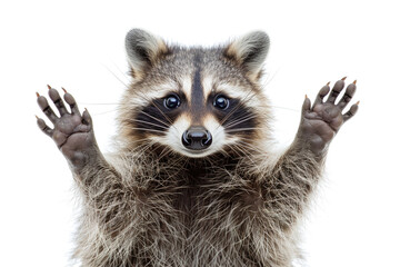 Obraz premium Raccoon with Hands Up: A raccoon with its front paws raised against a white background.
