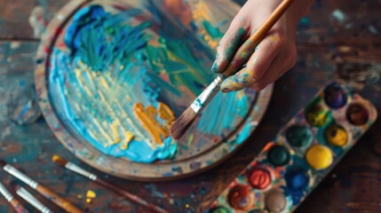 An artist working on a vivid painting using a brush and a wooden palette wheel filled with vibrant paints, capturing the essence of creativity and artistic expression.