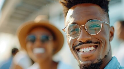 Two people engaging in conversation while wearing casual clothes outside, epitomizing social interaction and everyday human connection in a sunlit, urban environment.