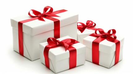 Fototapeta premium Three white boxes with red bows on top