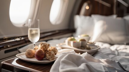 A gourmet meal accompanied by a drink on a cushioned bed inside a private jet, exemplifying the luxury, convenience, and exclusivity of modern high-end air travel.