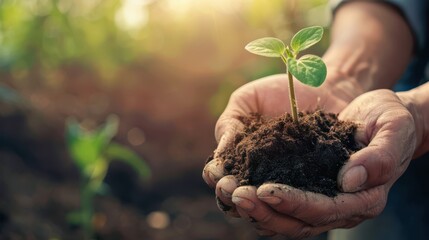 Captivating close-up of hands cradling a delicate seedling in rich soil, signifying growth, new beginnings, and the nurturing essence of human touch in nature.