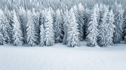 A breathtaking view of a pine forest completely covered in snow, capturing the serene beauty and tranquility of a winter wonderland with towering trees.