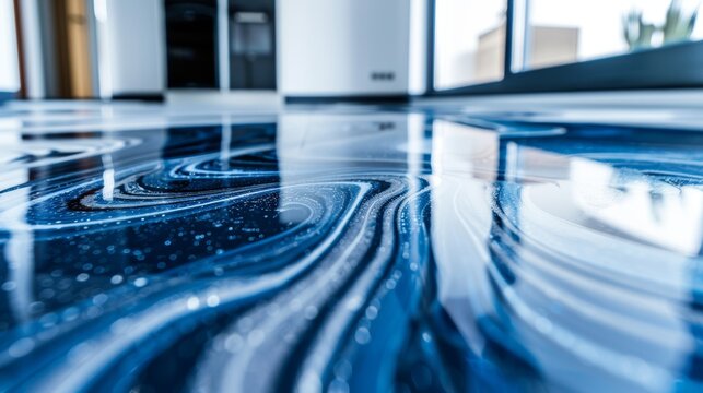 Close-up of a glossy epoxy resin floor, intricate marbling effect with deep blues and metallic accents, smooth and reflective surface, modern interior setting