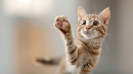 Fototapeta premium A young tabby kitten is playfully reaching up, captured mid-action with its paw extended. The blurred background focuses attention on the kitten's lively and joyful playfulness.