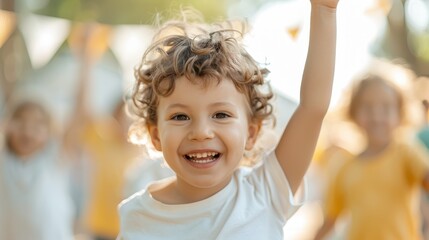 A joyous child is seen raising a hand in celebration at an outdoor party, surrounded by festive decorations and children, capturing the essence of happiness and fun.