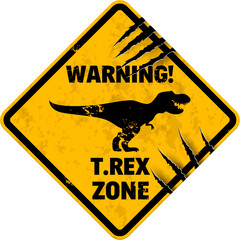 Dinosaur warning sign of T Rex danger zone caution banner, vector attention mark. T-Rex tyrannosaurus danger area yellow warning sign with dinosaur silhouette and claw scratch fissures signboard © Vector Tradition