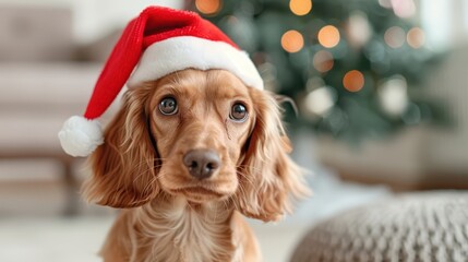 An adorable dog wearing a Santa hat sits with its back to the camera in front of a beautifully decorated Christmas tree, evoking holiday cheer.