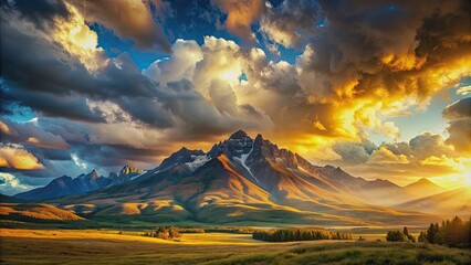 Majestic mountain landscape with dramatic clouds and golden sunlight, mountain, landscape, dramatic, clouds, golden