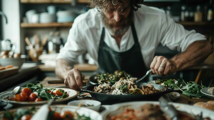 A chef, dressed in an apron, is preparing a meal in the kitchen, surrounded by fresh and colorful ingredients, displaying dedication and passion for culinary art. There are tomatoes, leafy greens, ri