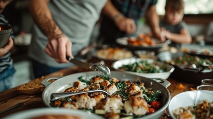 Naklejka premium Several people are gathered around a table, serving themselves from a spread of diverse dishes, enjoying a communal meal together in a warm and inviting environment. Some adults have tattoos