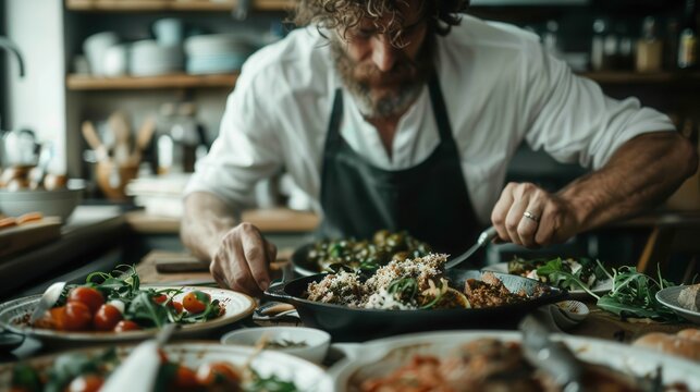 A chef, dressed in an apron, is preparing a meal in the kitchen, surrounded by fresh and colorful ingredients, displaying dedication and passion for culinary art. There are tomatoes, leafy greens, ri