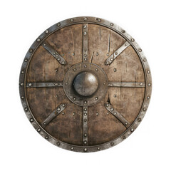 A large, old, wooden shield with metal studs and a metal ball in the center