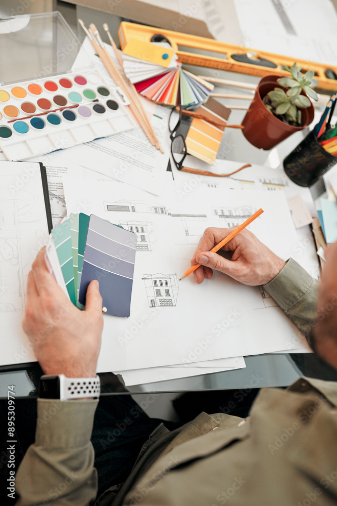 Poster Architecture, hands and drawing on blueprint in office for creativity, project and planning with samples. Architect, business man and layout with inspiration for floor plan, building sketch and above