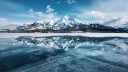 Fototapeta premium A magnificent view of snowy mountain peaks seamlessly mirrored in a frozen lake, with a clear blue sky overhead, showcasing the pristine beauty of winter landscapes.