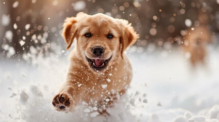 A golden retriever puppy runs happily through a snowy field, capturing the essence of joy, freedom, and the playful spirit of a young dog enjoying the winter season.