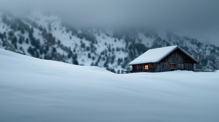 A cozy cabin emits a warm glow in the midst of a vast, snowy landscape with mountainous terrain, painting a picture of solitude and warmth amidst the cold.