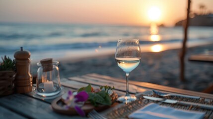 Obraz premium Stunning beachside dinner setup with a wine glass and plate of food at sunset, creating a romantic and peaceful atmosphere by the ocean waves.