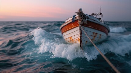 Obraz premium A white boat moves swiftly through the ocean waves at dawn, creating a dynamic and adventurous scene with the morning light casting a gentle glow.
