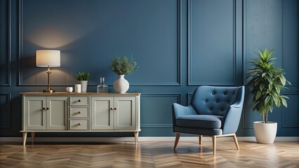 Commode chair and decor in living room interior with dark blue wall mock up background, render, commode, chair, decor