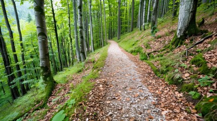 Obraz premium A green forest path is surrounded by tall trees and lush foliage, creating a serene and peaceful atmosphere ideally suited for a tranquil walk or nature exploration.