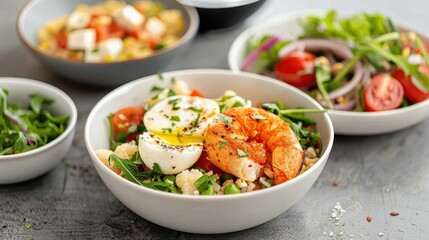 A bowl of nutritious salad featuring succulent shrimp, hard-boiled eggs, and a mix of fresh lettuce, garnished with herbs and vegetables for a perfect healthy meal.