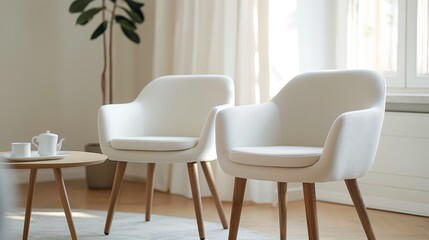Fototapeta premium A bright living space showcasing two modern chairs with wooden legs and a small round table with a teapot and cup, bathed in natural sunlight through a large window.
