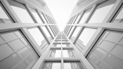 Obraz premium A striking abstract perspective of modern white-toned architecture, showcasing symmetrically aligned windows and clean lines that draw the eye to the building's sleek design.