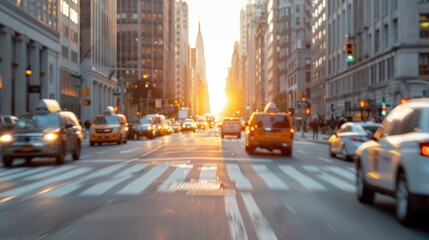 Obraz premium A busy city street is depicted with an array of cars and people moving amidst towering buildings, captured beautifully during sunset, highlighting urban hustle and vibrant life.