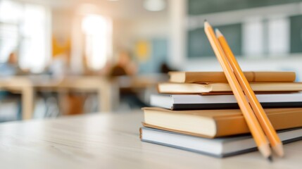 A collection of pencils is placed on top of a stack of books in a brightly lit classroom, with a blurred background of desks and a blackboard.