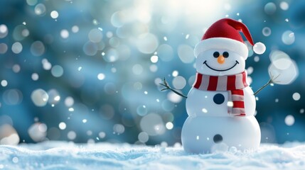 Fototapeta premium A snowman with a red hat and a scarf is standing in the snow